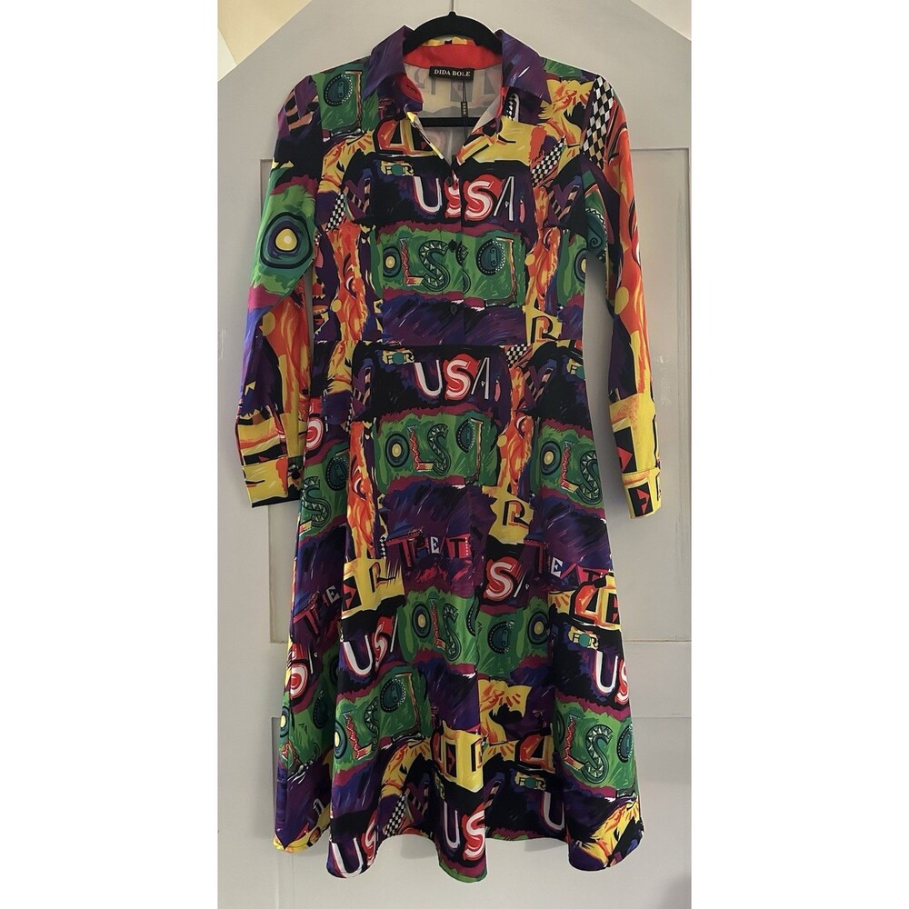 Dida Bole Pop Art Graphic Dress USA Print Retro 90s Y2K Shirt Dress S 6